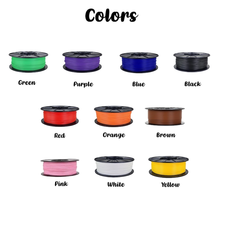 May include: An image showcasing nine spools of 3D printing filament in various colors: green, purple, blue, black, red, orange, brown, pink, white, and yellow. The word "Colors" is written in black script at the top.