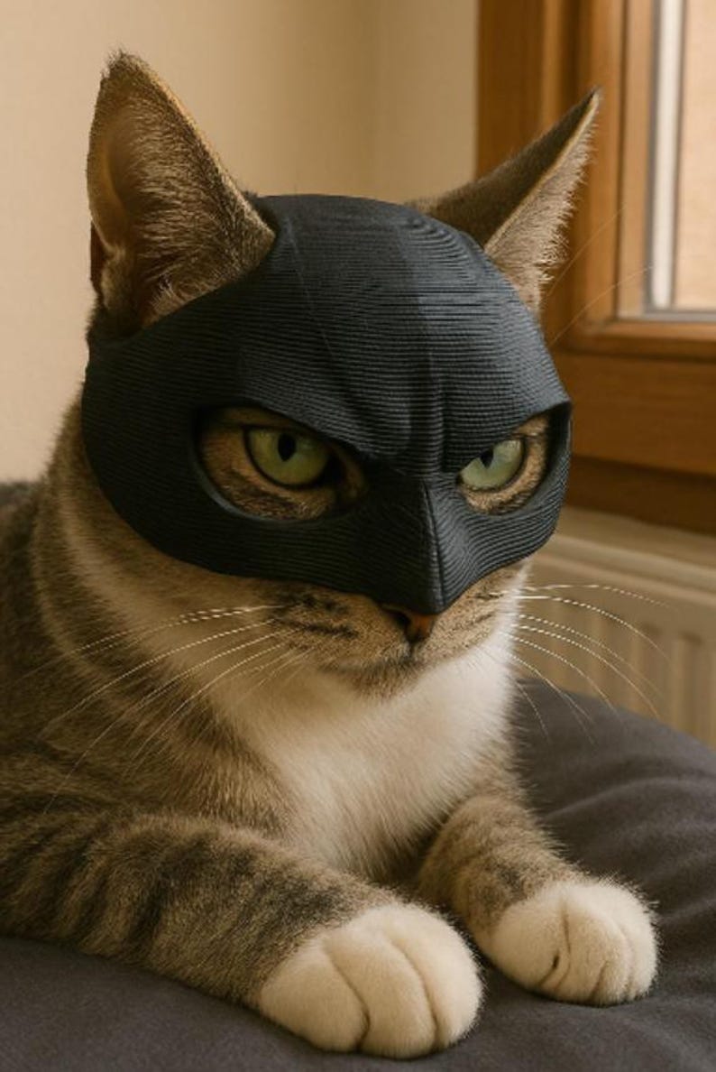 Pu&ograve; includere: Un gatto tigrato con una maschera nera, che ricorda un supereroe. Il gatto ha occhi verdi e baffi bianchi. La maschera copre gli occhi e la fronte del gatto, con una superficie strutturata. Il gatto &egrave; seduto su una superficie grigia.