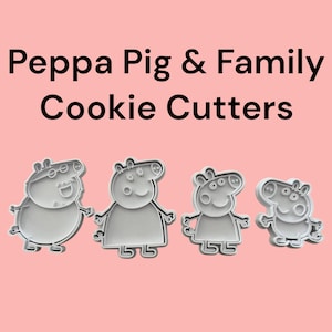 Juego de cortadores de galletas de la familia Peppa Pig: 4 cortadores de plástico para hornear, fiestas de cumpleaños infantiles, fondant y plastilina.