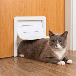 以下が含まれることがあります： 木製のドアに取り付けられた白い猫ドア。グレーと白の猫がドアの前に床に横たわっており、カメラを見ています。猫ドアにはヒンジ付きのフラップが付いています。