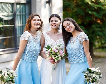 Light blue lace bridesmaid crop top with silk basic top underneath, Plus size engagement short or long sleeve top