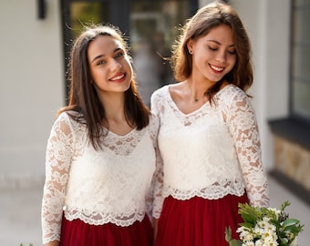 Long 3\4 sleeve ivory bridesmaid top with buttons back + silk basic top underneath, Simple minimalistic engagement plus size top