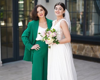 Women's wedding crepe suit: oversize jacket, silk top and flared pants, Plus size mother of the bride suit