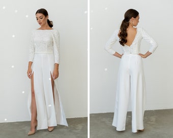 Wedding crepe plain pants with slits, Bridal trousers with splits, Flared woman's pants, Bridal separates, High-waisted trousers