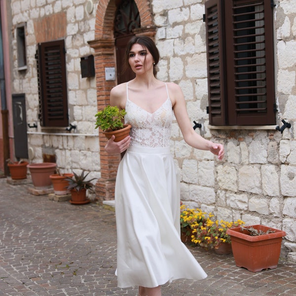 Minimalistic lace wedding dress with thin straps, Short bridal dress,  Simple Wedding Dress with open back, Dress with pockets