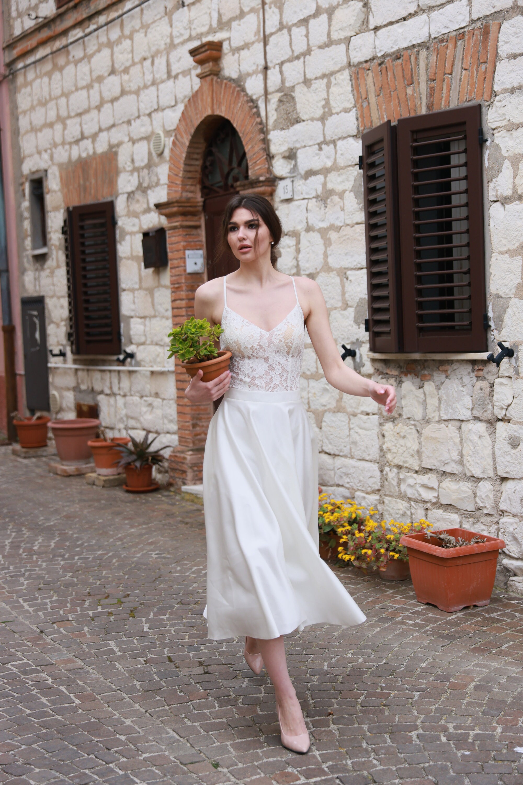 Minimalistic Lace Wedding Dress With Thin Straps Short Bridal