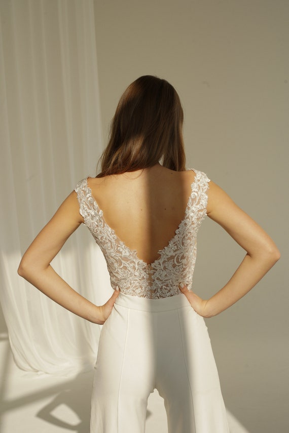 Wedding Lace Bodysuit With Open Back, Sleeveless Bridal Bodysuit, Elopement  Two-piece Outfit 