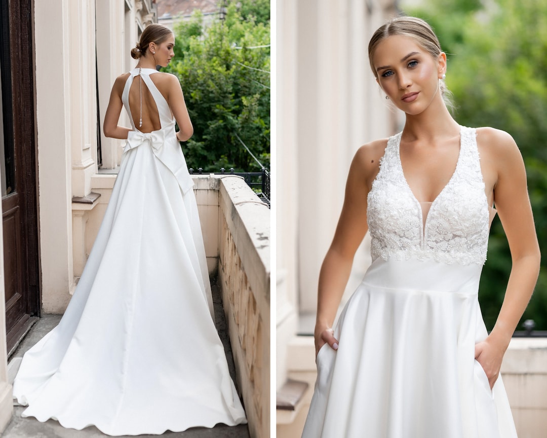 Minimalistic Lace Satin Wedding Dress With Open Abck and Removable Bow,  Simple Engagement Bridal Dress With Pockets, Elopement Dress 