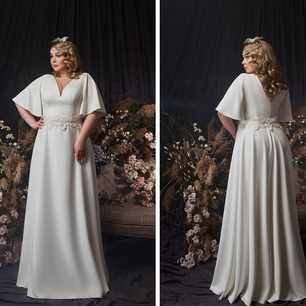 Plus size a-line wedding dress with butterfly sleeves, Dress with long sleeves and V-neckline, A line crepe wedding dress with a belt