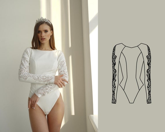 Wedding Bodysuit With Long Lace Sleeves, Bridal Bodysuit With Open