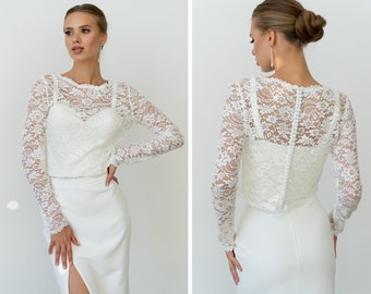 Bridal separates: plain crepe top with adjustable straps, lace top with long sleeves and crepe midi skirt with a split, over top lace cape