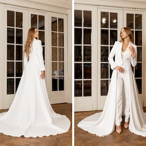 Wedding crepe crop at the front and long on the back jacket with a train, Bridal coat outwear, plus size minimalistic jacket