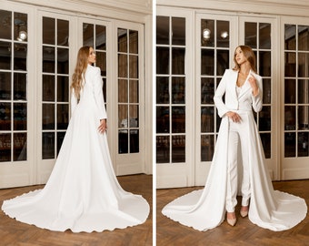 Wedding crepe crop at the front and long on the back jacket with a train, Bridal coat outwear, plus size minimalistic jacket