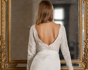 Floral Lace Wedding Elopement Bodysuit With Long Sleeves, Bridal Bodysuit  With Open V-plunge Back, Simple Minimalistic Engagement Separates 