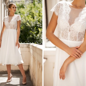 Short wedding dress with delicate lece, Minimalistic chiffon wedding elopement Dress, Dress with short sleeves