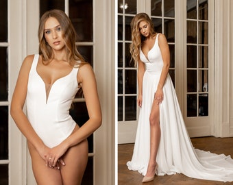 Plain crepe wedding bodysuit with open back and thick straps, Simple enagement minimalistic bodysuit with V-neckline, Summer bridal body