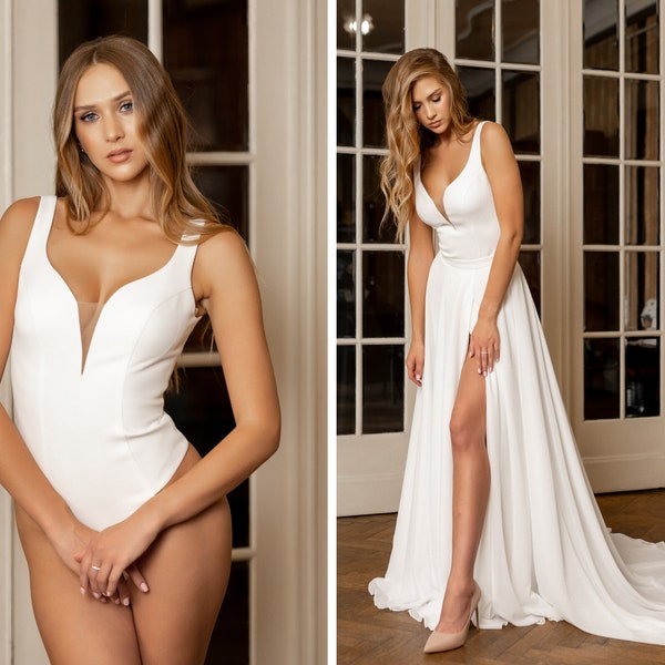 Plain crepe wedding bodysuit with open back and thick straps, Simple enagement minimalistic bodysuit with V-neckline, Summer bridal body