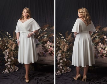Crepe midi plus size Wedding dress with butterfly sleeves, Midi short elopement a-line Bridal gown, Simple minimalistic tea-length dress