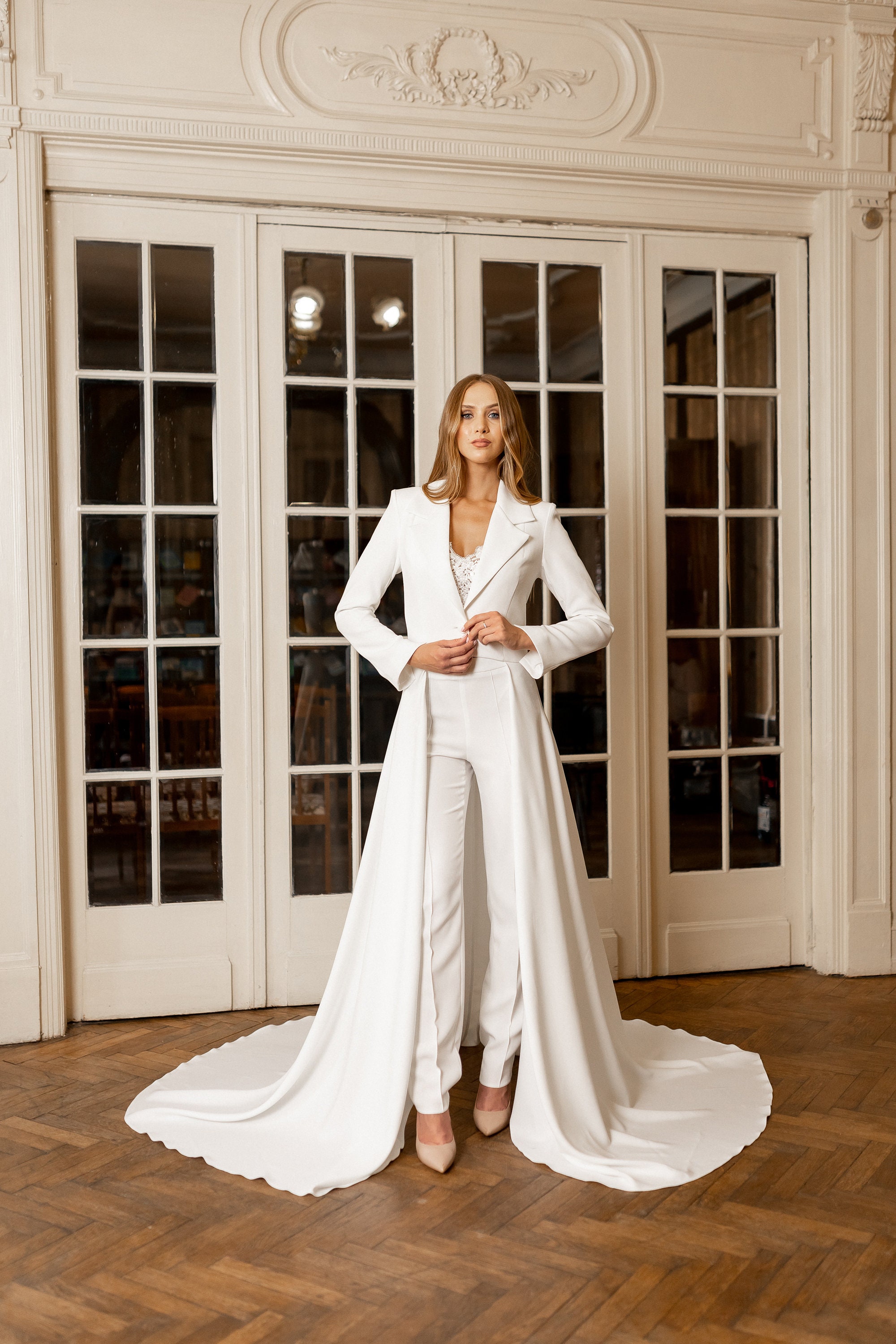 Wedding crepe crop at the front and long on the back jacket with a train Bridal coat outwear plus size minimalistic jacket Etsy Italia