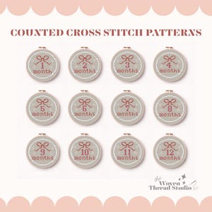 Pode incluir: Doze padrões de ponto cruz em bastidores de bordado, cada um com um número de mês de 1 a 12. O texto "COUNTED CROSS STITCH PATTERNS" está no topo. Cada bastidor tem um design de laço, a palavra "months" e o nome da loja "the Woven Thread Studio".