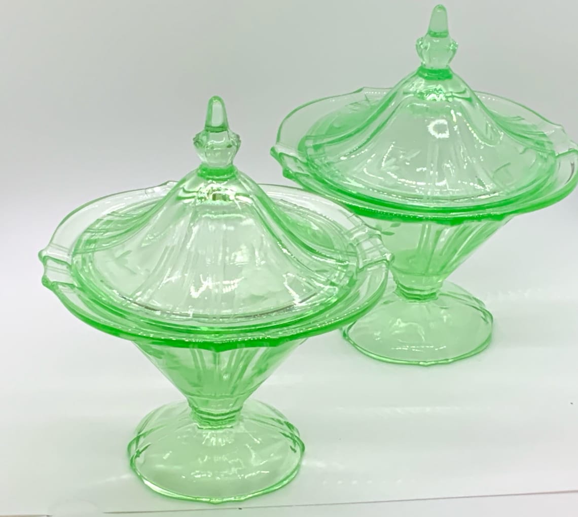 Tiffin Glass 310 Reflex Uranium Glass Candy Dish With Cover Etsy