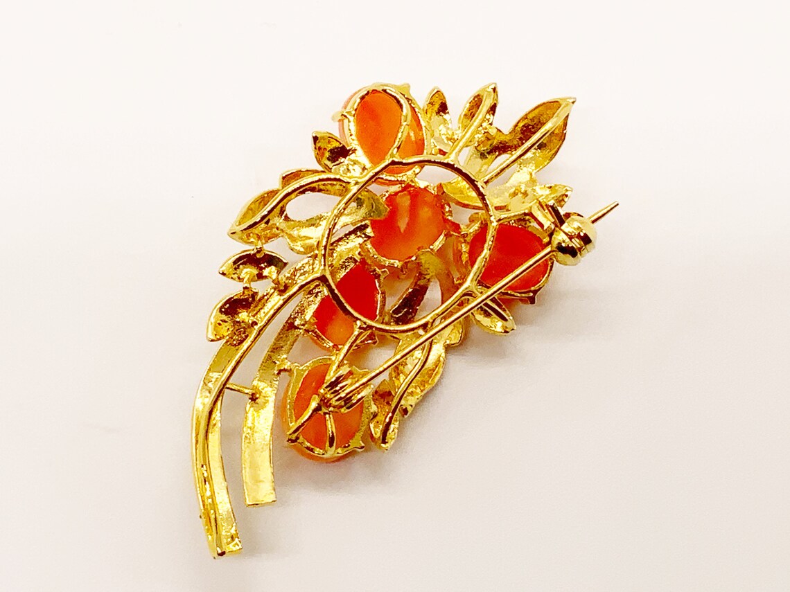 Coral Cabochon Style Brooch in Gold Tone Setting Etsy