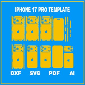 Puede incluir: Diseño de plantilla amarilla para iPhone 17 Pro sobre fondo azul. El diseño incluye contornos para la parte delantera, trasera y laterales del teléfono, con el logotipo de Apple visible. El texto incluye "IPHONE 17 PRO TEMPLATE", "DXF", "SVG", "PDF" y "AI".