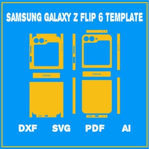 Könnte beinhalten: Eine Vorlage für eine Samsung Galaxy Z Flip 6 Handyhülle. Die Vorlage ist in Gelb und zeigt die verschiedenen Teile der Hülle, einschließlich Vorder-, Rückseite und Seiten. Die Vorlage ist mit den Dateiformaten beschriftet: DXF, SVG, PDF und AI.