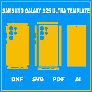 Könnte beinhalten: Eine Vorlage für eine Samsung Galaxy S25 Ultra Handyhülle, dargestellt in Gelb mit Ausschnitten für die Kamera und die Tasten. Die Vorlage ist in den Formaten DXF, SVG, PDF und AI verfügbar.