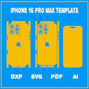 Könnte beinhalten: Eine Vorlage für ein iPhone 16 Pro Max Handyhüllen-Design. Die Vorlage enthält drei verschiedene Ansichten der Handyhülle: Vorderseite, Rückseite und Seite. Die Vorlage ist in den Formaten DXF, SVG, PDF und AI verfügbar.