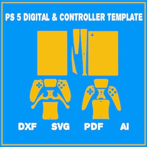 May include: A yellow digital template for a PS5 console and controller, set against a bright blue backdrop. The design features outlines of the console and two controller layouts. File type labels: DXF, SVG, PDF, and AI are included.