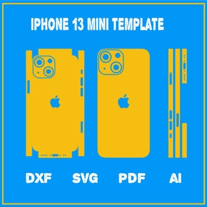May include: A template for an iPhone 13 Mini phone case. The template is shown in yellow and includes the outline of the phone, the camera, and the Apple logo. The template is available in DXF, SVG, PDF, and AI formats.