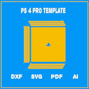 May include: A yellow template for a PS4 Pro console skin. The template is in the shape of the console and has a small hole in the centre. The template is surrounded by a blue background with the words "PS 4 PRO TEMPLATE" at the top and "DXF SVG PDF AI" at the bottom.