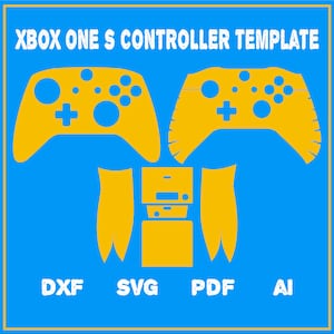 May include: A template for customizing an Xbox One S controller. The template includes outlines for the front, back, and side panels of the controller. The template is available in DXF, SVG, PDF, and AI formats.