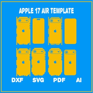 Op de afbeelding: Een blauwe afbeelding met de tekst "APPLE 17 AIR TEMPLATE" in het wit. De afbeelding toont gele contouren van telefoonsjablonen, met het Apple-logo. De onderkant van de afbeelding heeft de bestandstype-afkortingen: DXF, SVG, PDF en AI.