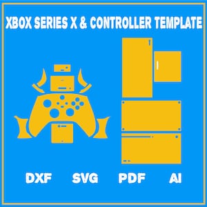 May include: A digital template for customizing an Xbox Series X console and controller. The template includes outlines for the console and controller, as well as individual pieces for the front, back, and sides. The template is available in DXF, SVG, PDF, and AI formats.