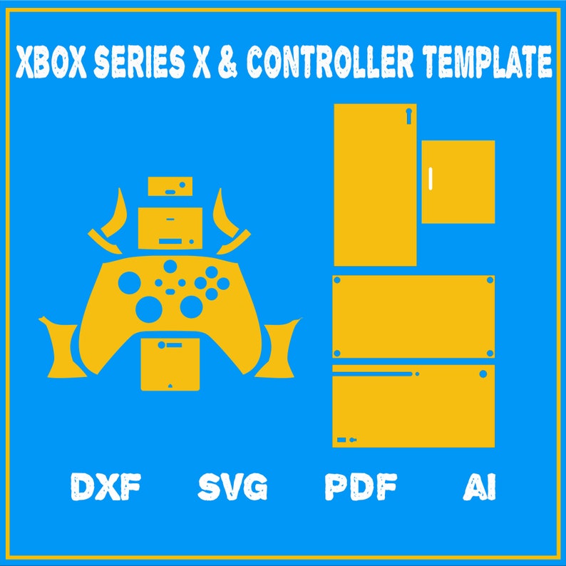 K&ouml;nnte beinhalten: Eine digitale Vorlage zum Anpassen einer Xbox Series X Konsole und eines Controllers. Die Vorlage enth&auml;lt Umrisse f&uuml;r die Konsole und den Controller sowie einzelne Teile f&uuml;r die Vorder-, R&uuml;ckseite und die Seiten. Die Vorlage ist in den Formaten DXF, SVG, PDF und AI verf&uuml;gbar.