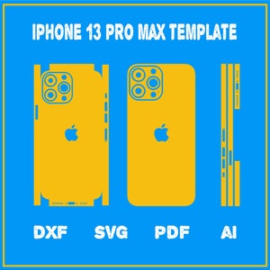 May include: A template for an iPhone 13 Pro Max phone case. The template is shown in yellow and includes the camera cutout, Apple logo, and side buttons. The template is available in DXF, SVG, PDF, and AI formats.