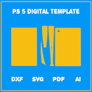 May include: A digital template for a PS5 console skin. The template includes the main console body, the front panel, and the side panels. The template is in a yellow colour on a blue background. The text "PS 5 DIGITAL TEMPLATE" is at the top of the image. The text "DXF, SVG, PDF, AI" is at the bottom of the image.