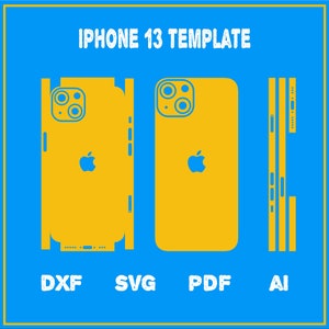 May include: A template for an iPhone 13 case design. The template shows the front, back, and sides of the phone. The template is available in DXF, SVG, PDF, and AI formats.