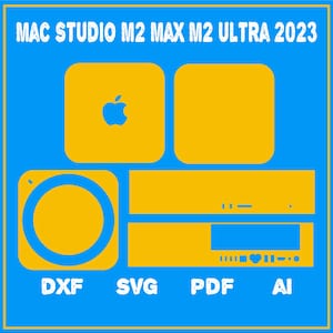 May include: A blue and yellow graphic with the text "MAC STUDIO M2 MAX M2 ULTRA 2023." The graphic features stylized illustrations of a computer and the Apple logo. Below are the file type abbreviations: DXF, SVG, PDF, and AI.