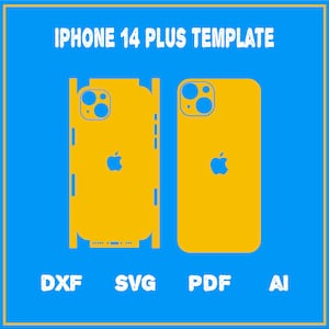 May include: A template for an iPhone 14 Plus case design. The template shows the front and back of the phone with a yellow background and a white Apple logo. The text "IPHONE 14 PLUS TEMPLATE" is at the top of the image. The text "DXF, SVG, PDF, AI" is at the bottom of the image.