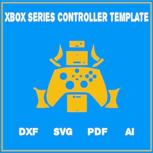 May include: A yellow Xbox Series controller template with a stack of four rectangular pieces on top. The template is on a blue background with the words "DXF", "SVG", "PDF", and "AI" in white text below the controller.
