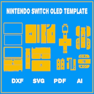 May include: A template for customizing a Nintendo Switch OLED console with yellow cutouts for the different parts of the console, including the screen, back panel, joy-cons, and kickstand. The template is available in DXF, SVG, PDF, and AI formats.