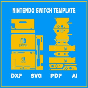 May include: A template for customizing a Nintendo Switch console. The template includes a variety of pieces for the console, Joy-Cons, and dock. The template is available in DXF, SVG, PDF, and AI formats.