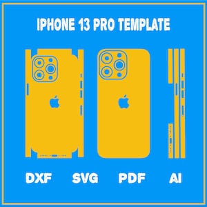 May include: A template for an iPhone 13 Pro case design. The template shows the front, back, and sides of the phone. The template is available in DXF, SVG, PDF, and AI formats.