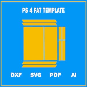 May include: A template for a PS4 Fat console skin, shown in yellow on a blue background. The template includes the front, back, and side panels of the console. The text "PS 4 FAT TEMPLATE" is at the top of the image. The text "DXF, SVG, PDF, AI" is at the bottom of the image.