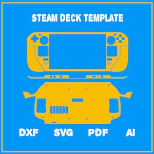 May include: A template for a Steam Deck, a handheld gaming device. The template is in yellow and shows the front and back of the device. The text "STEAM DECK TEMPLATE" is at the top of the image. The text "DXF, SVG, PDF, AI" is at the bottom of the image.