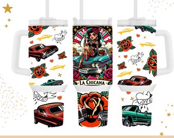 Plik cyfrowy opakowania na kubek Chicana 40oz, wzór PNG w stylu tatuażu z różą, opakowanie na kubek Lowrider
