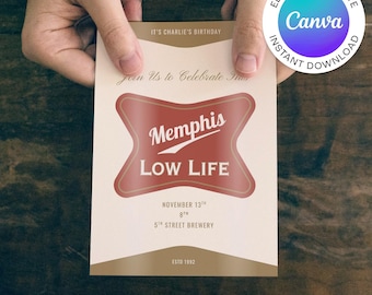 Funny Birthday Invitation | High Life Beer Label | Editable Canva Template | Cheers & Beers Adult Men's Party Invite